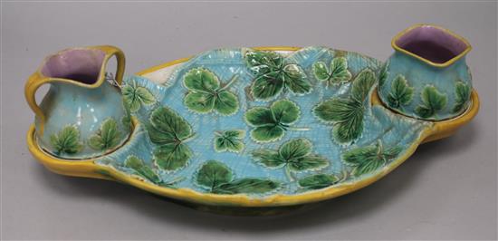 A George Jones majolica strawberry dish with cream jug and sugar pot